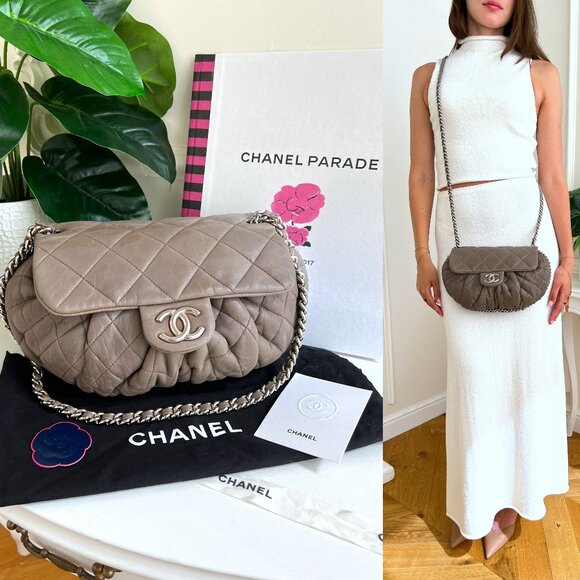 Authentic Chanel Quilted Large Chain Flap Taupe Crossbody Gray-Beige ClutchB0649 - Picture 1 of 16